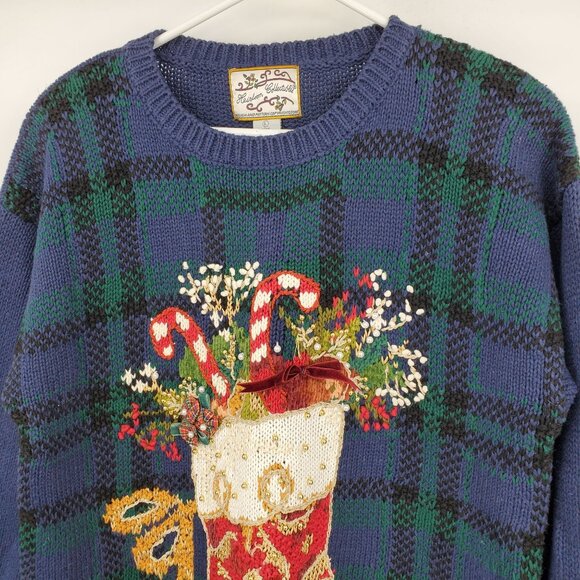 Vintage Heirloom Blue Green Plaid Beaded Nostalgic Stocking Christmas Sweater L - Picture 8 of 9